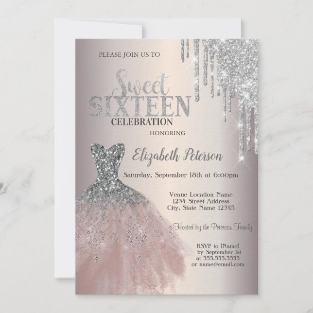 Invitation Parties scintillant Argent, Chic Robe Douce 16 (Devant)
