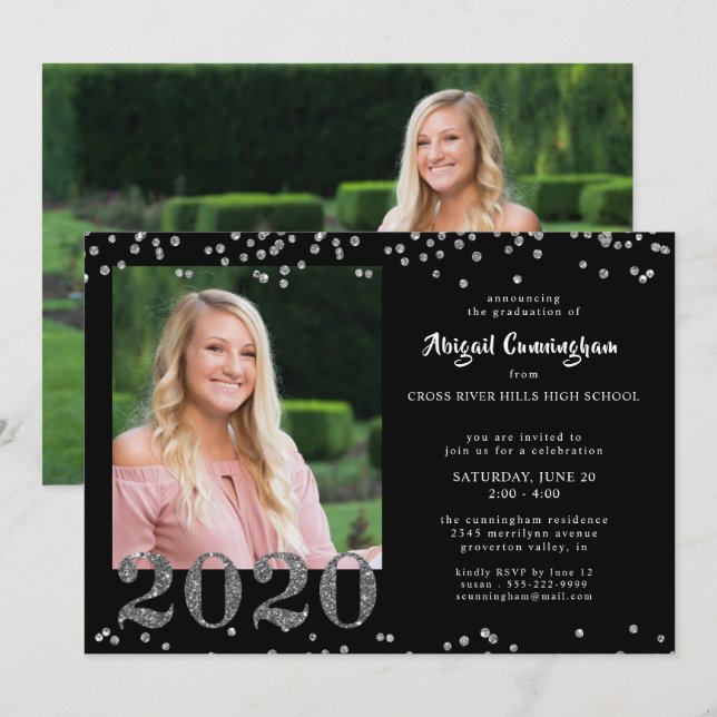 Invitation Parties scintillant Argent Confetti Noir (Devant / Derrière)