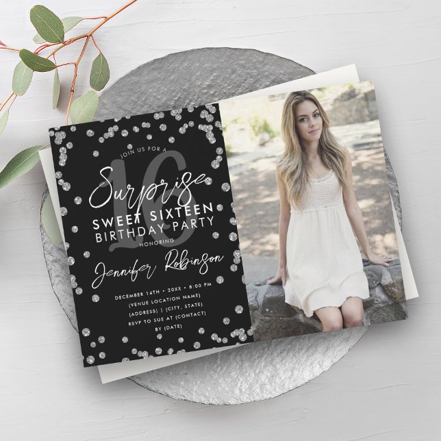 Invitation Parties scintillant Argent Confetti Photo Surprise (Silver Glitter Confetti Photo Surprise Sweet 16 Invitation)