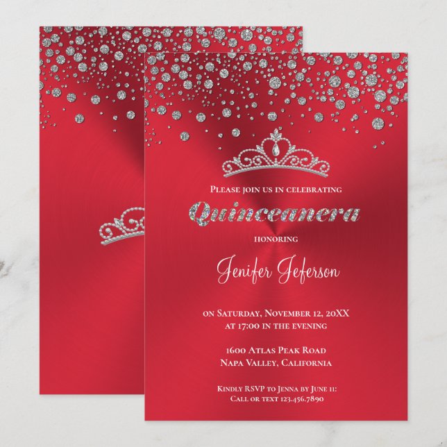 Invitation Parties scintillant argent confetti Quinceanera In (Devant / Derrière)