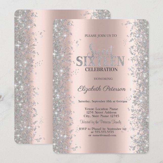 Invitation Parties scintillant Argent Confetti Rose Gold Swee (Devant / Derrière)