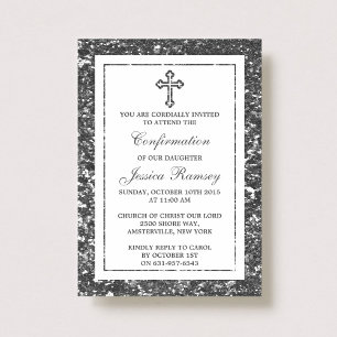 Invitation Parties scintillant Argent Croix Sainte Communion