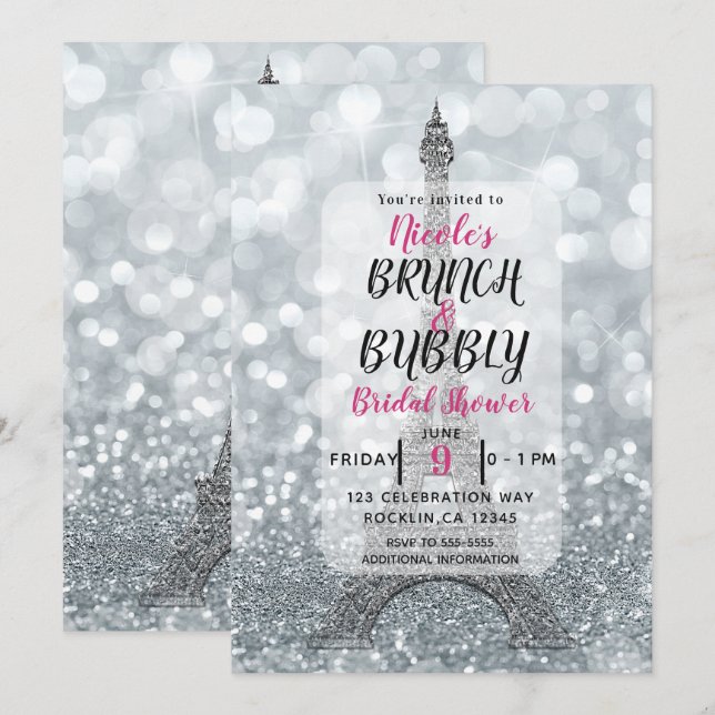 Invitation Parties scintillant Argent Étincelle Tour Eiffel B (Devant / Derrière)