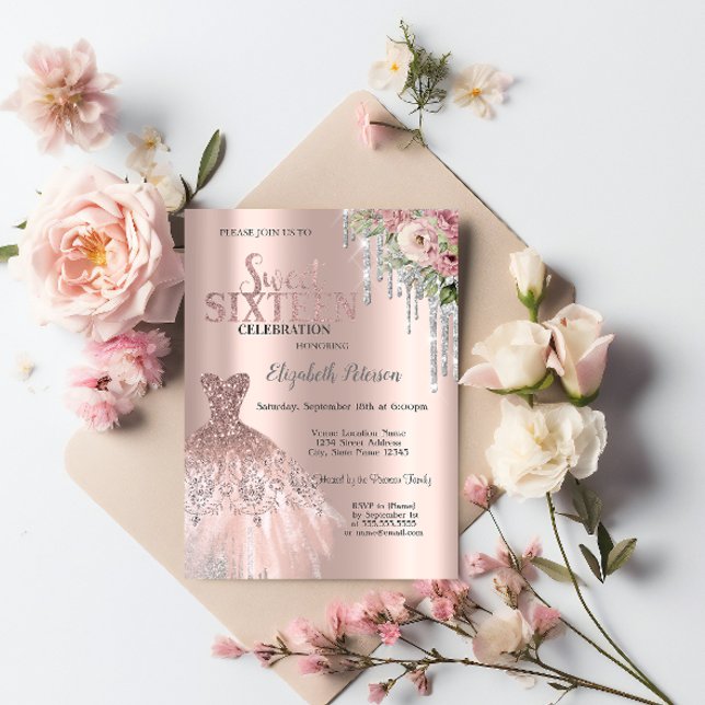 Invitation Parties scintillant Argent, Fleurs Roses Douces 16 (Créateur téléchargé)