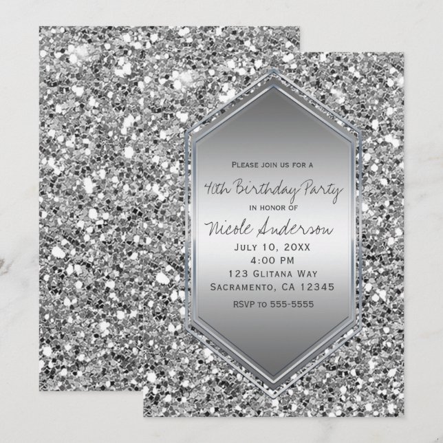 Invitation Parties scintillant Argent Glam Chic Anniversaire  (Devant / Derrière)