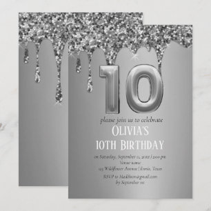 Invitation Parties scintillant argent goutte fille fille 10e 