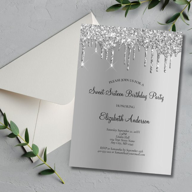 Invitation Parties scintillant argent goutte glam douce 16 An (Silver Dripping Glitter Sweet Sixteen Birthday Party Invitation. Printed or Digital Download)