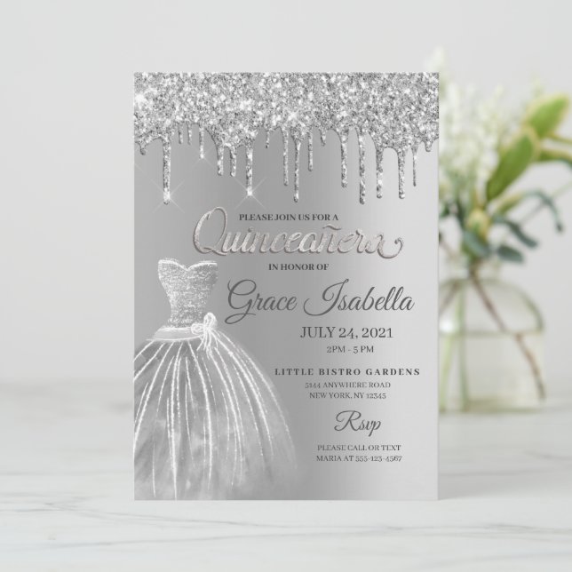 Invitation Parties scintillant argent goutte Quinceanera Anni (Debout devant)
