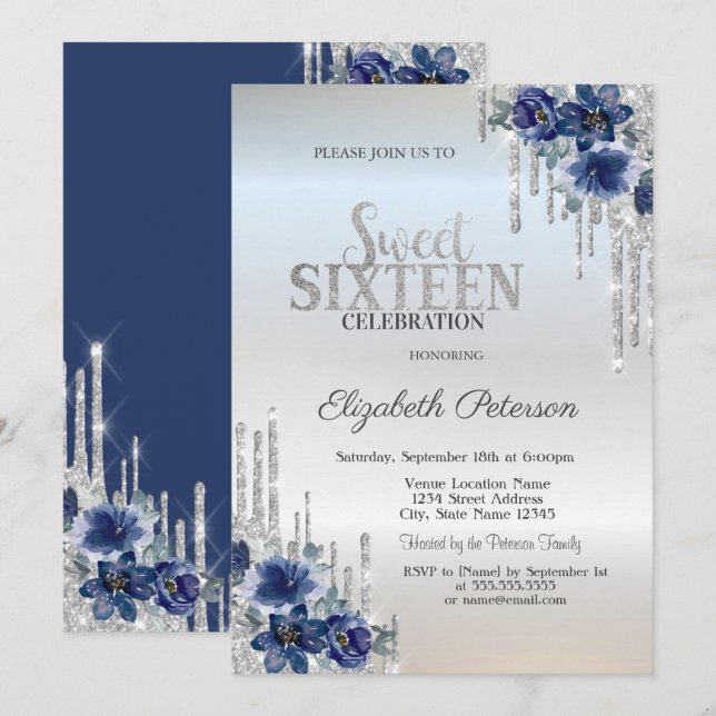 Invitation Parties scintillant argent gouttes Fleurs bleues S (Devant / Derrière)