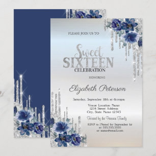 Invitation Parties scintillant argent gouttes Fleurs bleues S
