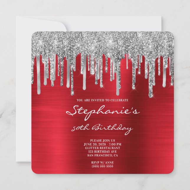 Invitation Parties scintillant argent gouttes rouge huile 50e (Devant)