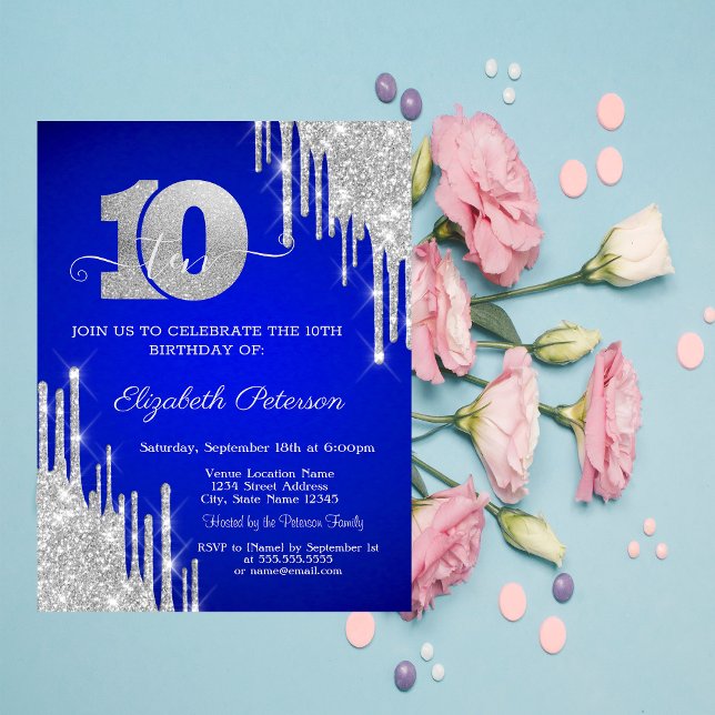 Invitation Parties scintillant argent gouttes Royal Blue 10e  (Créateur téléchargé)