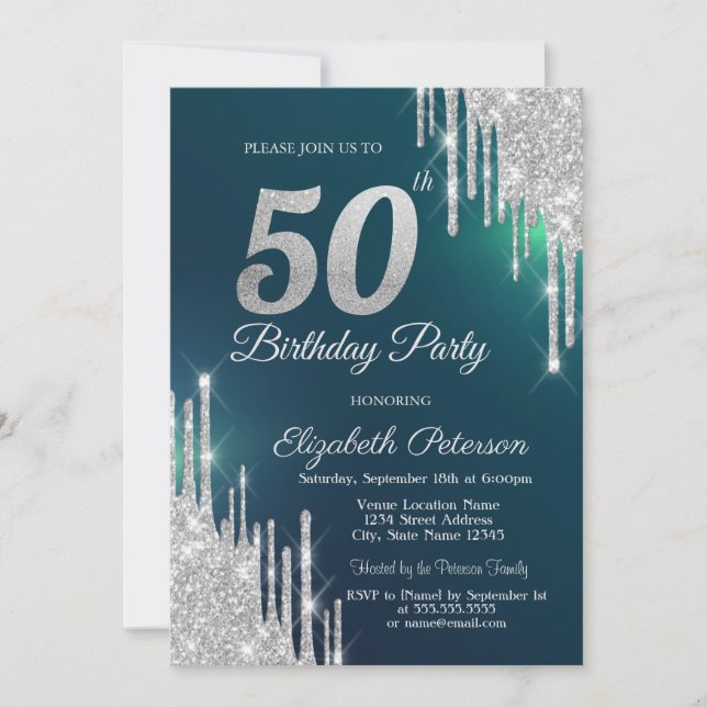 Invitation Parties scintillant argent gouttes vert 50e annive (Devant)