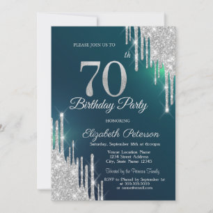 Invitation Parties scintillant argent gouttes vert 70e annive
