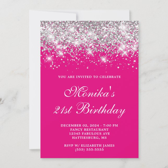 Invitation Parties scintillant Argent Hot Pink Bold 21e anniv (Devant)