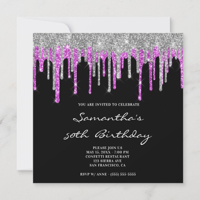 Invitation Parties scintillant Argent Magenta Drips Noir 50e  (Devant)