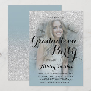 Invitation Parties scintillant argent moderne bleu ombre phot