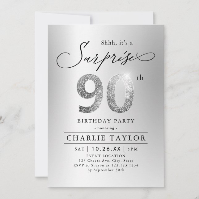 Invitation Parties scintillant argent moderne surprise adulte (Devant)