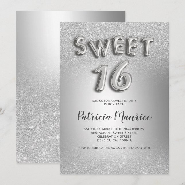 Invitation Parties scintillant argent ombre lettres gris feui (Devant / Derrière)