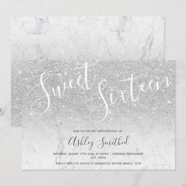 Invitation Parties scintillant argent ombre sweet sixteen en  (Devant / Derrière)