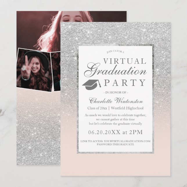 Invitation Parties scintillant argent photos virtuel Graduati (Devant / Derrière)