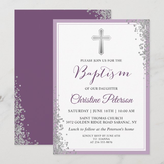Invitation Parties scintillant Argent Plum Purple Girl Baptêm (Devant / Derrière)
