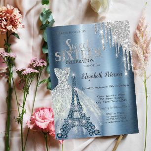 Invitation Parties scintillant Argent, Robe Bleue Tour Eiffel