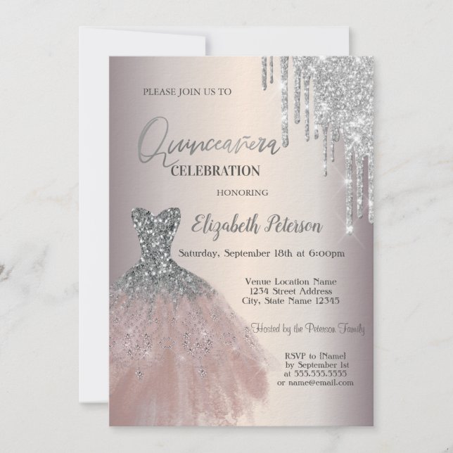 Invitation Parties scintillant Argent, Robe Chic Quinceañera (Devant)