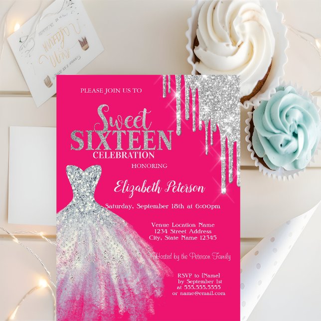 Invitation Parties scintillant Argent, Robe Neon Rose Sweet 1 (Créateur téléchargé)