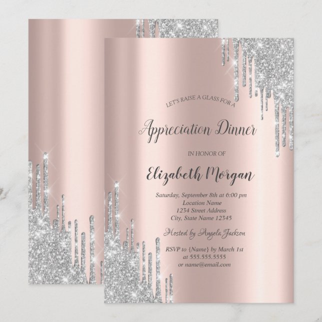 Invitation Parties scintillant Argent  Rose Gold Appréciation (Devant / Derrière)