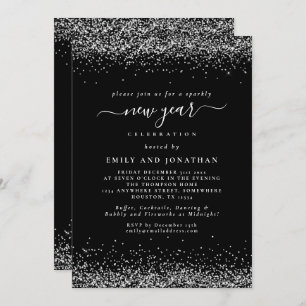Invitation Parties scintillant Argent Script Black New Years 