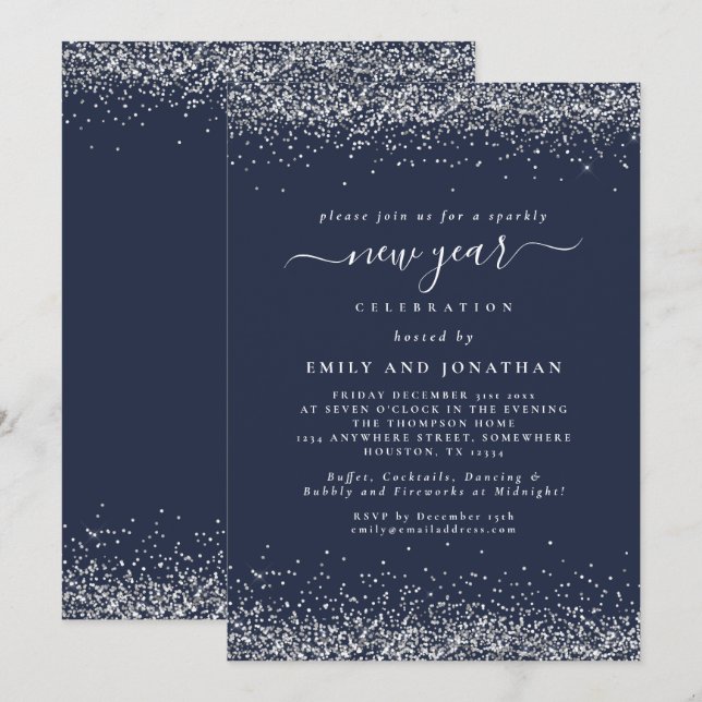 Invitation Parties scintillant Argent Script Bleu Nouvel An S (Devant / Derrière)