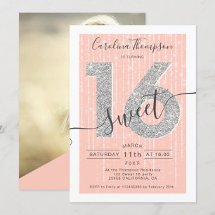 Invitation Parties scintillant argent script pêche Sweet 16 p