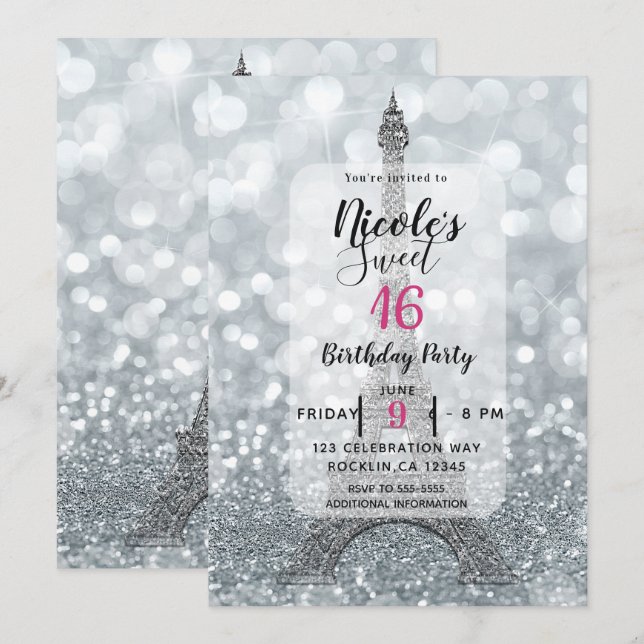 Invitation Parties scintillant Argent Sparkle Bling Tour Eiff (Devant / Derrière)
