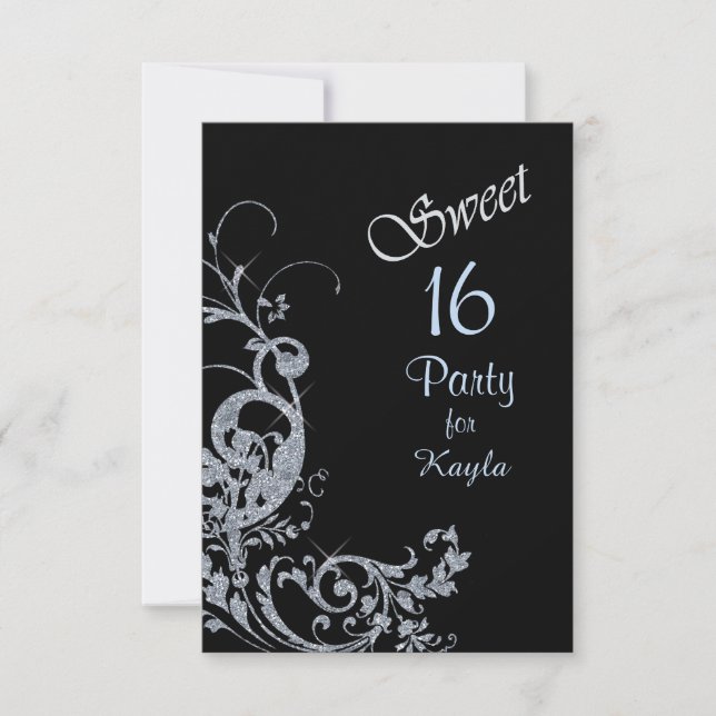 Invitation Parties scintillant Argent Swirl Sweet 16 Party (Devant)