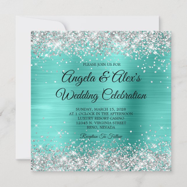 Invitation Parties scintillant Argent Turquoise Foil Mariage  (Devant)