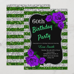 Invitation Parties scintillant Argent Vert Anniversaire Roses