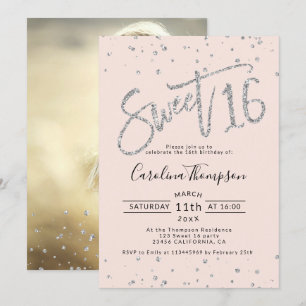 Invitation parties scintillant argentée confetti bleu Sweet 1