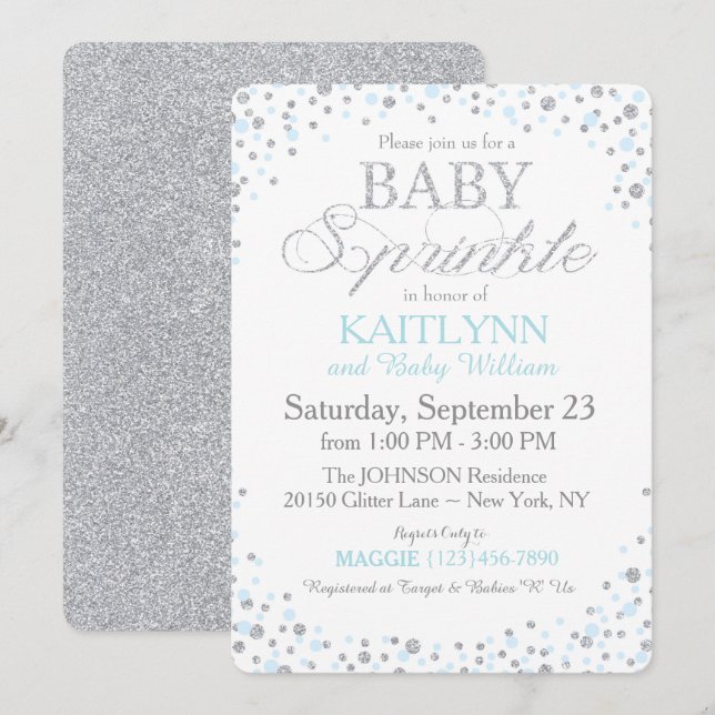 Invitation Parties scintillant argentée et Baby shower d'arro (Devant / Derrière)