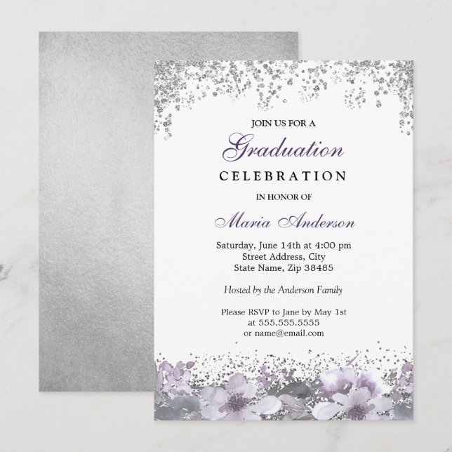 Invitation Parties scintillant argentée Purple Floral Graduat (Devant / Derrière)
