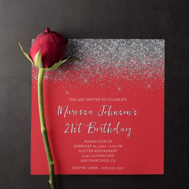 Invitation Parties scintillant argentée rouge 21e anniversair (Sparkly Silver Glitter Red 21st Birthday Invitation)