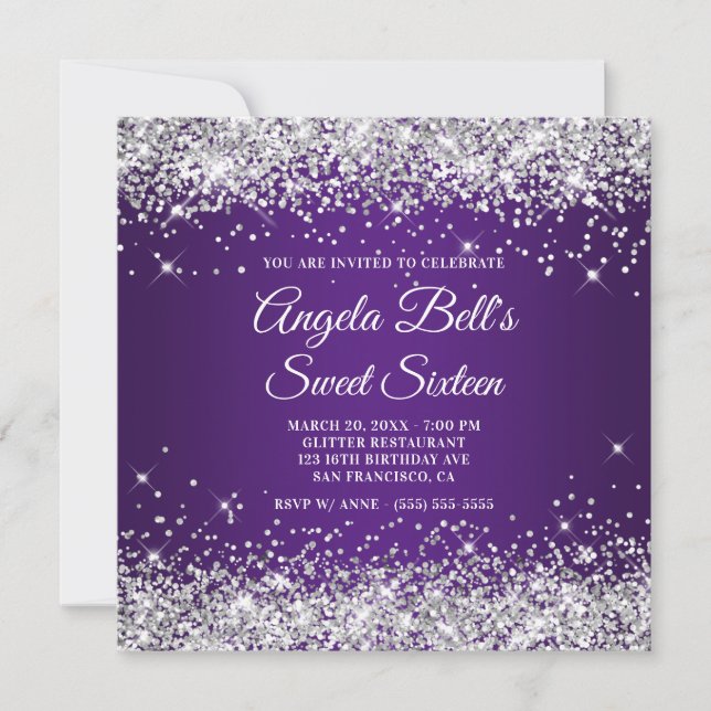 Invitation Parties scintillant argentée Sparkly Sweet sixteen (Devant)