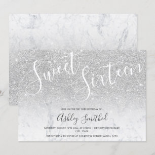 Invitation parties scintillant argentée sweet sixteen en marb
