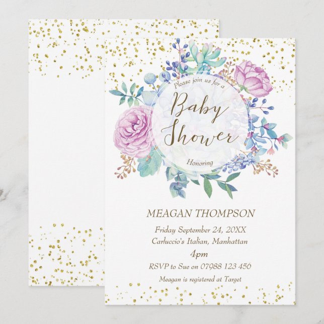 Invitation parties scintillant baby shower d'invitation flora (Devant / Derrière)