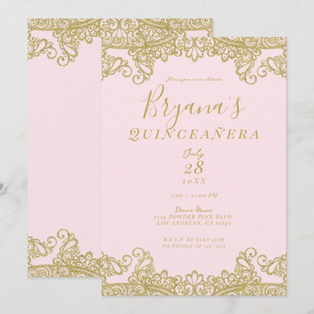 Invitation Parties scintillant Ballerina Pink Or dentelle Qui (Devant / Derrière)