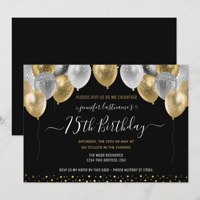 Invitation Parties scintillant Ballons 75e anniversaire Invit (Devant / Derrière)