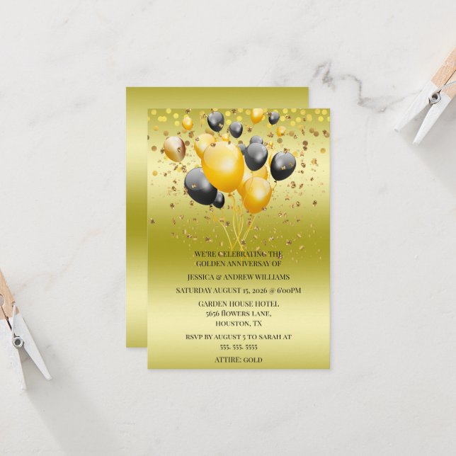 Invitation Parties scintillant Ballons Confetti 50e anniversa (Devant/Arrière en situation)