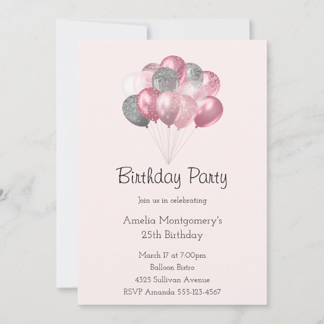 Invitation Parties scintillant Balloon Bunch rose et argent A (Devant)