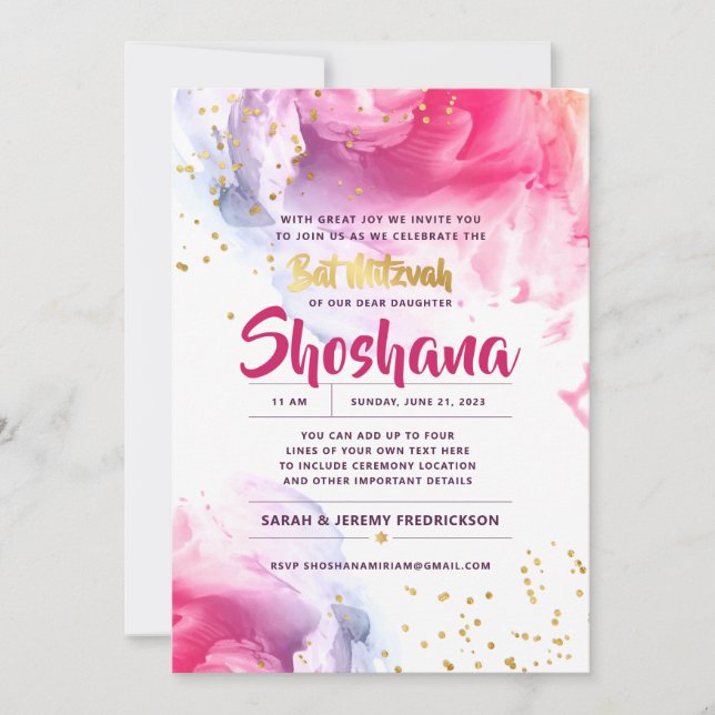 Invitation Parties scintillant bat mitzvah aquarelle rose et  (Devant)