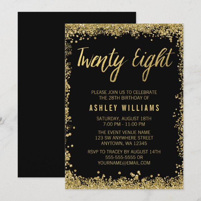 Invitation Parties scintillant Black Gold Faux 28e anniversai (Devant / Derrière)
